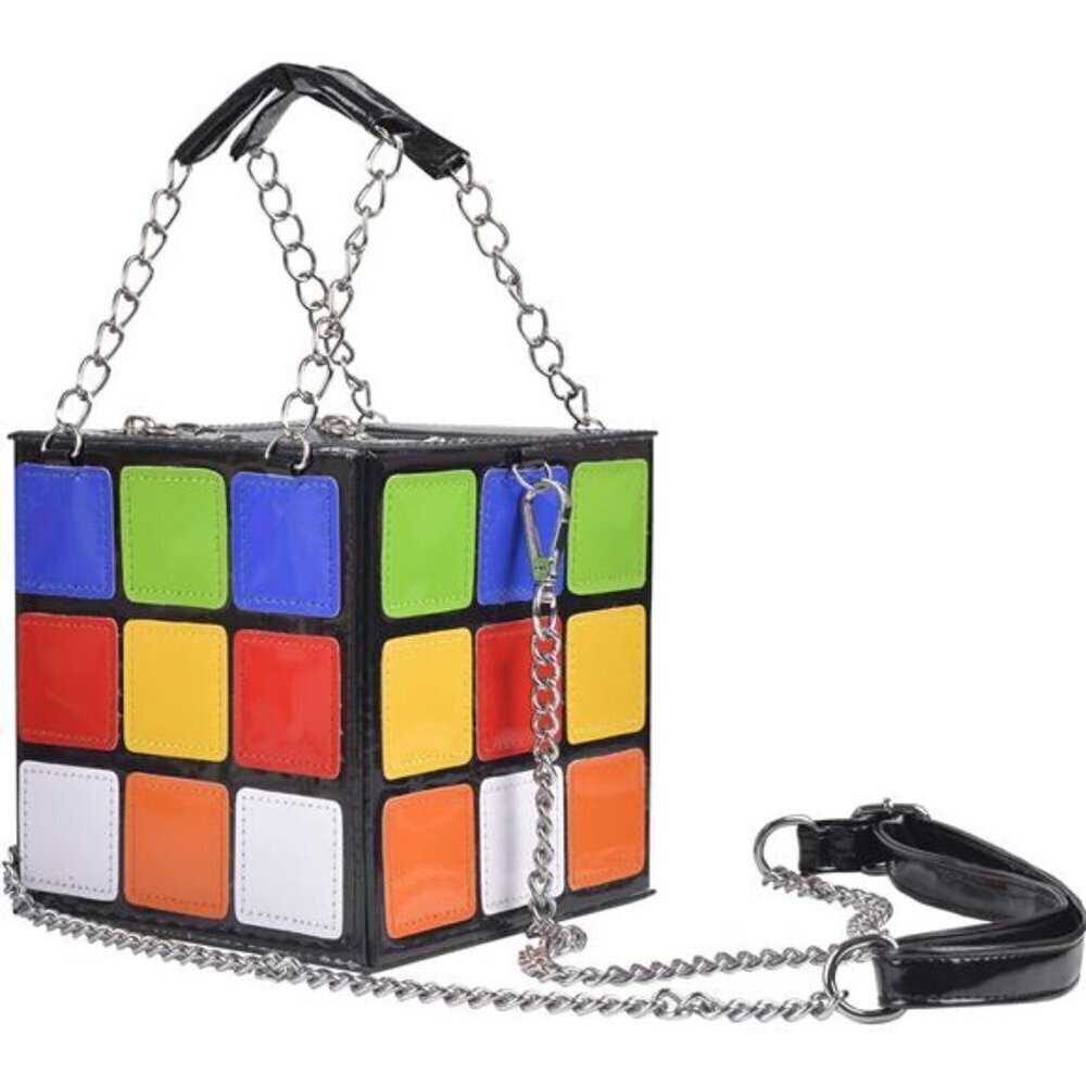 Cube Shaped Purse Handbag Bag Clutch Long Shoulder Strap Women's Zipper